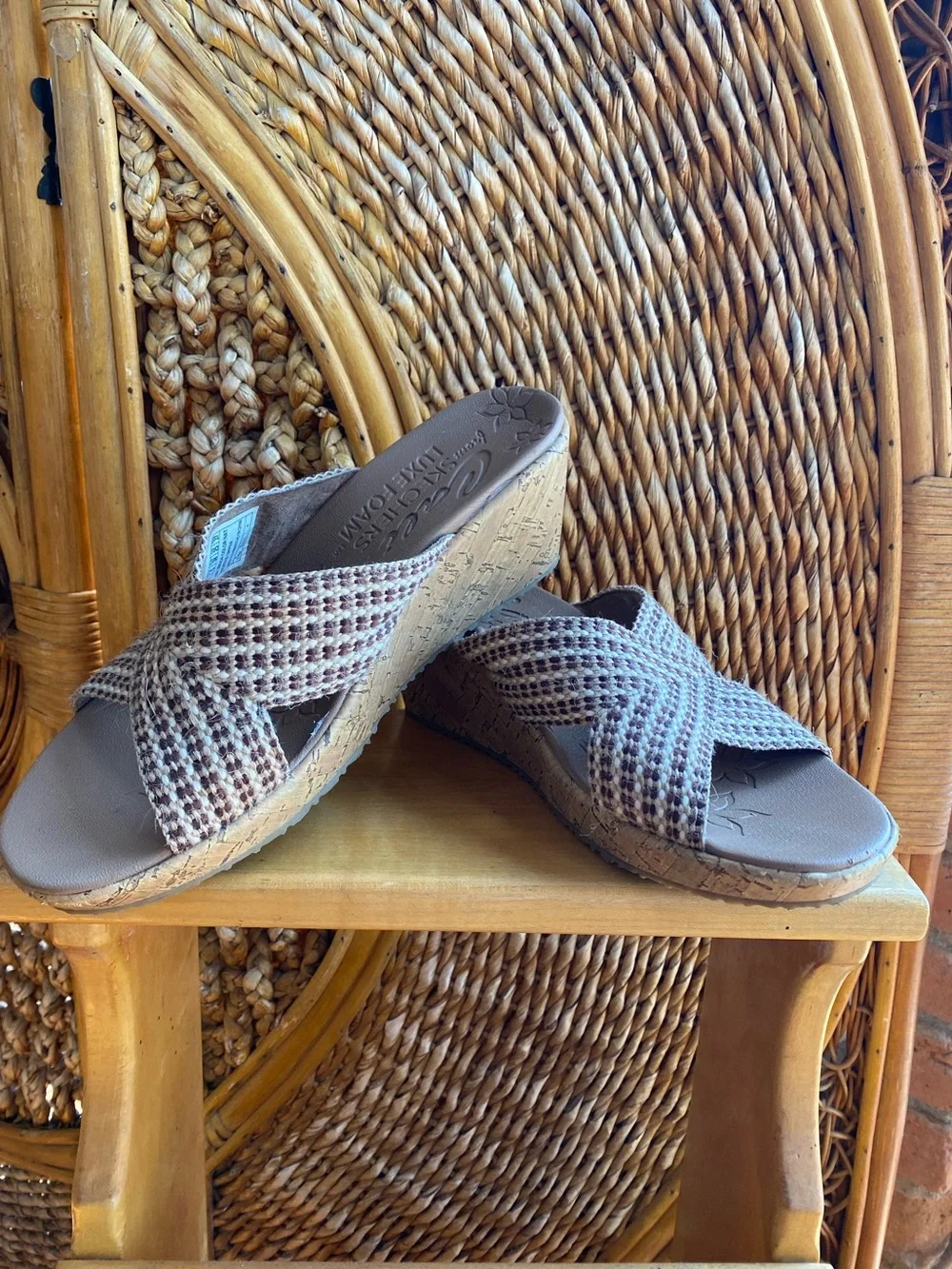 Cali Skechers Woven Crisscross Wedge Slide - Taupe